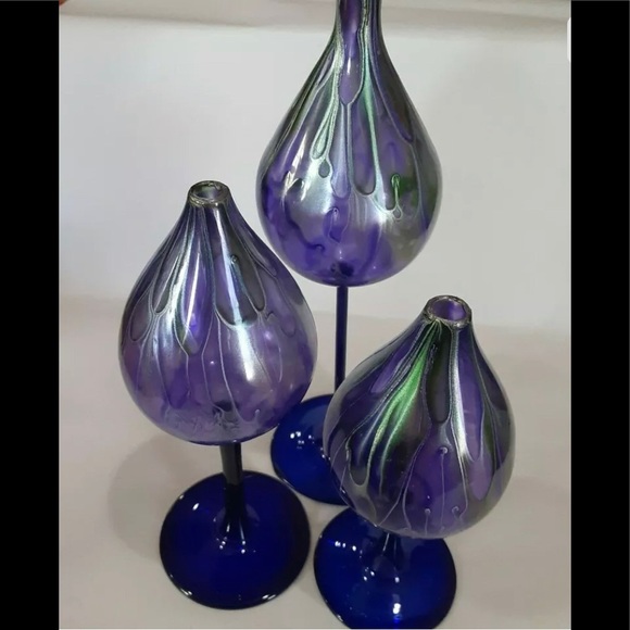 Beautiful Set Of Three Purple/Blue Hand Blown Glass Oil Diffusers - Picture 2 of 11